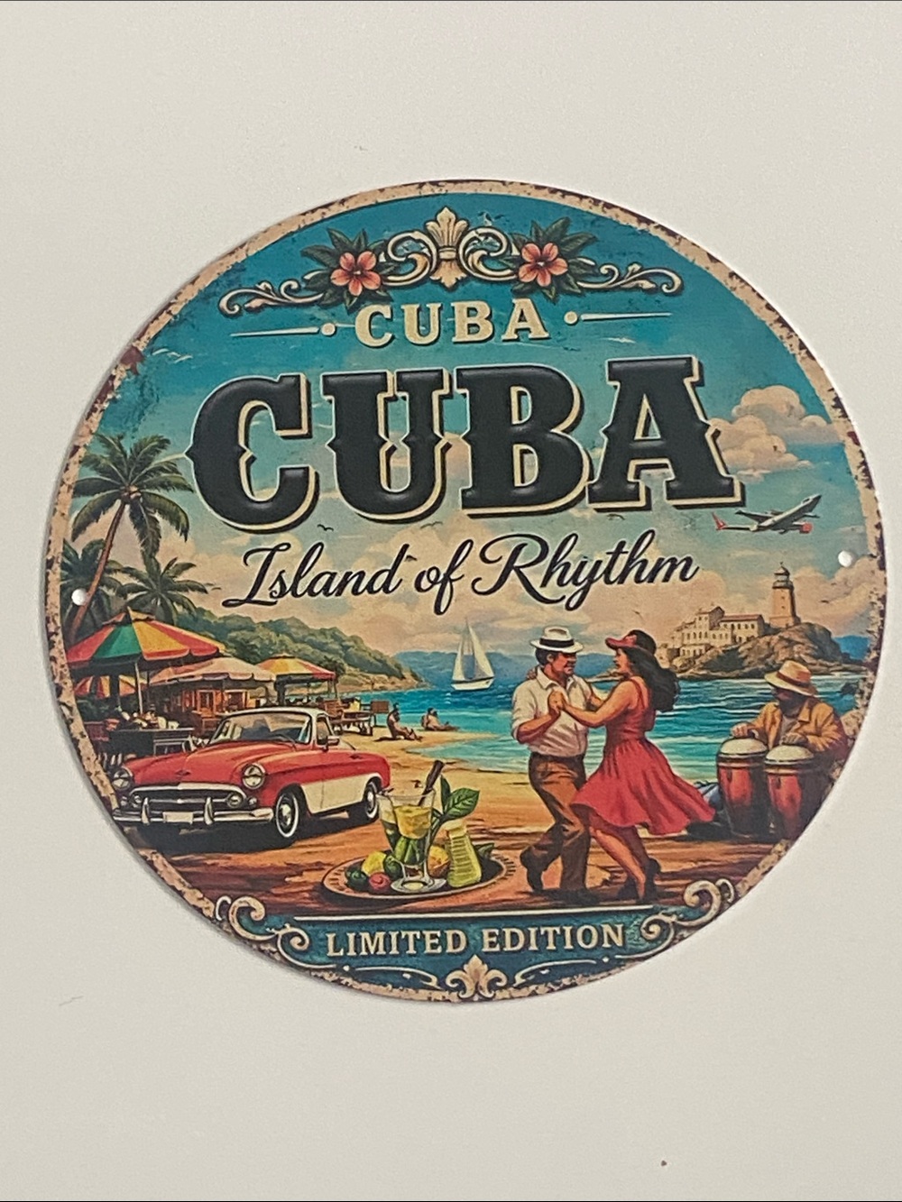 Cuba Island of Rhythm Round Decorative Sign - Teal & Multicolor